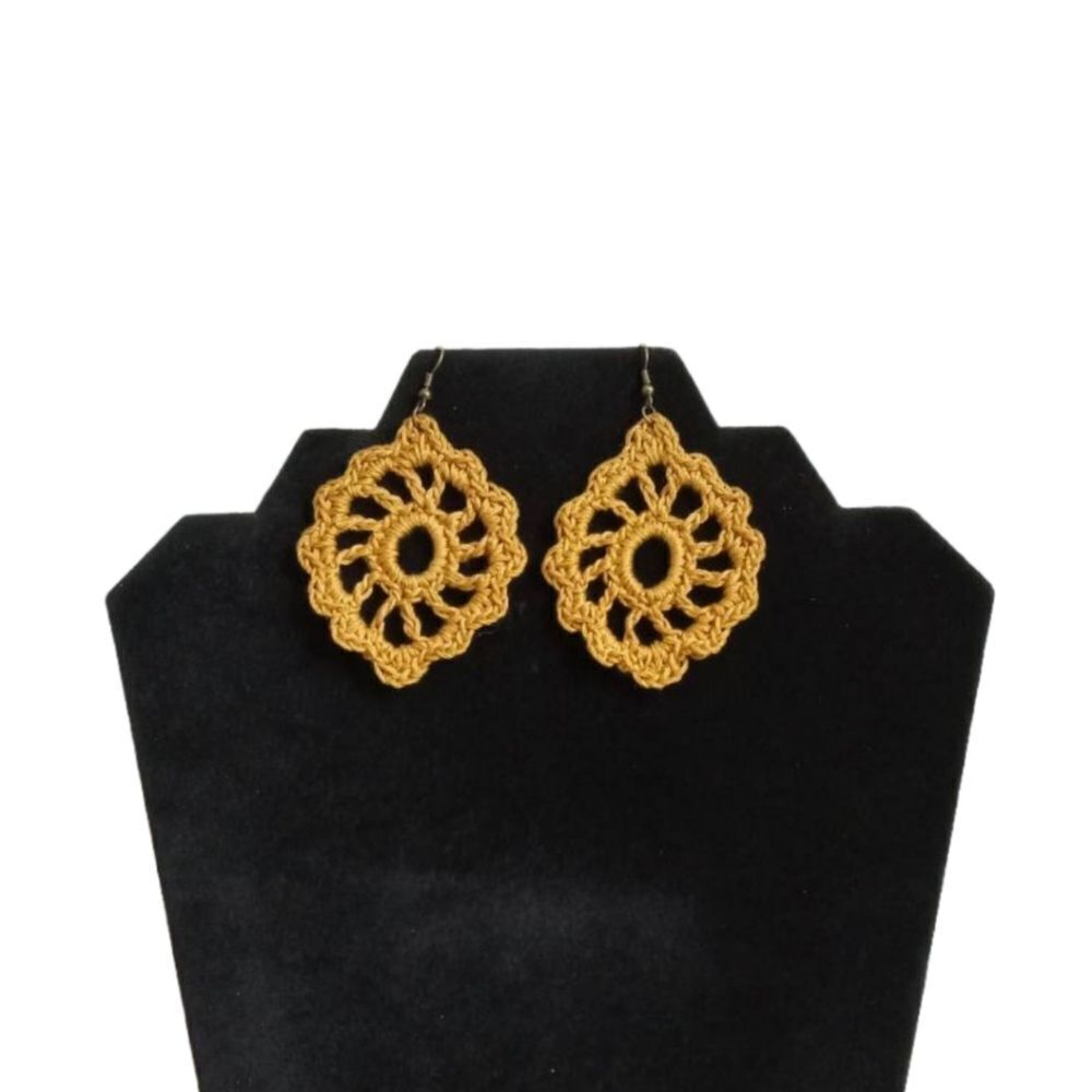 Handmade Golden Yellow Cotton Dangle Style Lightweight Crochet Bohemian Earrings